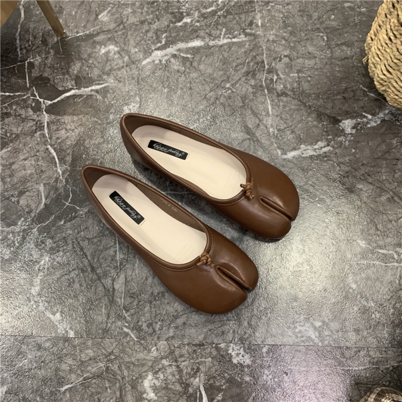 Black Leather Split Toe Tabi Ballet Flats | Japanese Inspired Bifurcated Flat Shoes for Women