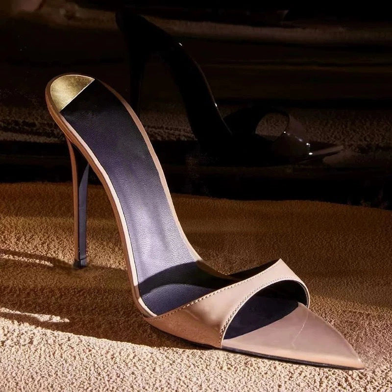 Black Patent Leather Single Strap Pointed Toe Stiletto Mule Heels | Women's Minimalist Slip-On High Heel Shoes