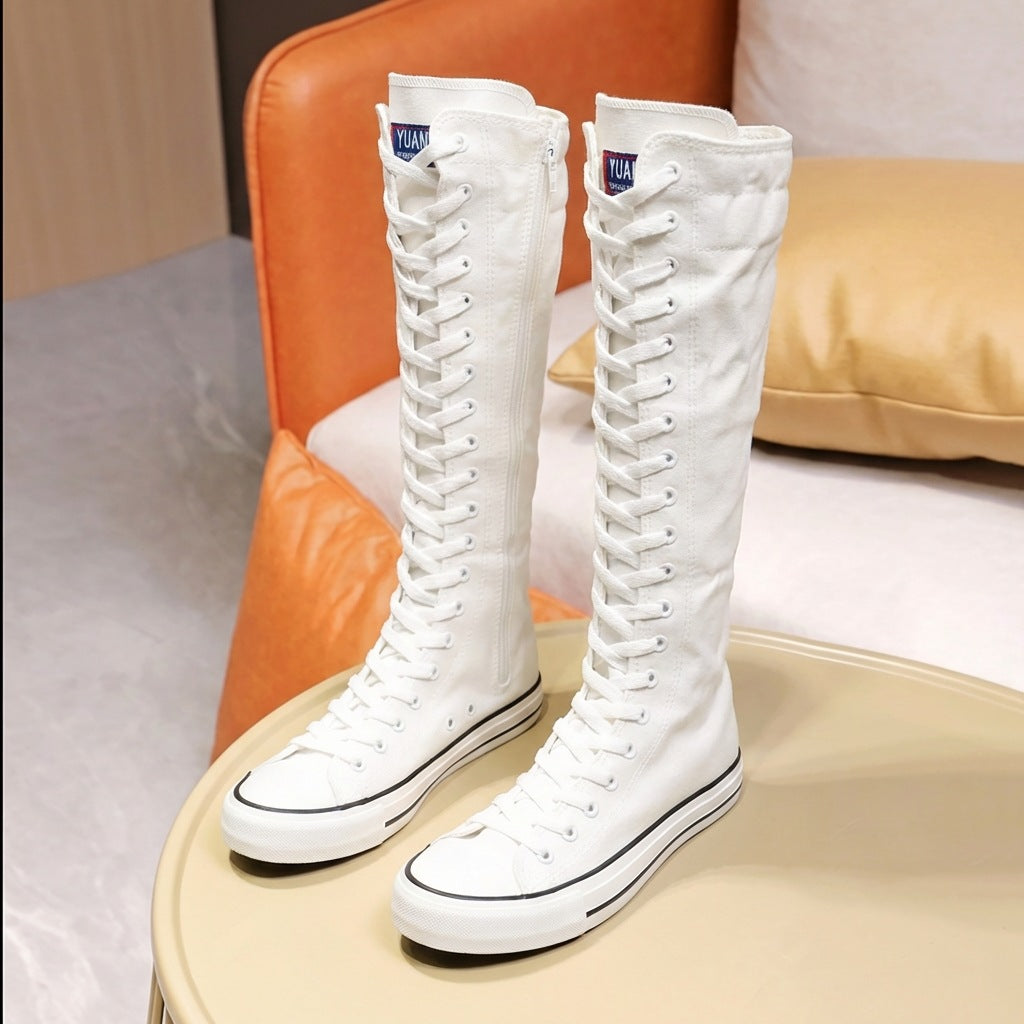 Stivali alti al ginocchio in tela bianca con lacci | Stivali sneaker alti con cerniera laterale | Scarpe alte da donna Punk Streetwear | Calzature in stile EMO Rock