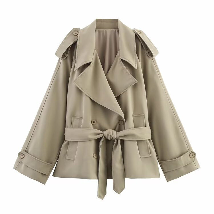Oversized Khaki Trench Coat Women | Belted Short Trench Jacket with Lapel & Epaulettes | Elegant Outerwear