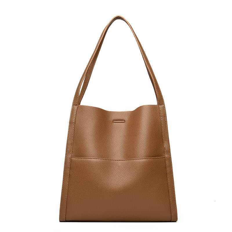 Black Leather Tote Bag with Front Slip Pocket | Minimalist Shoulder Bag