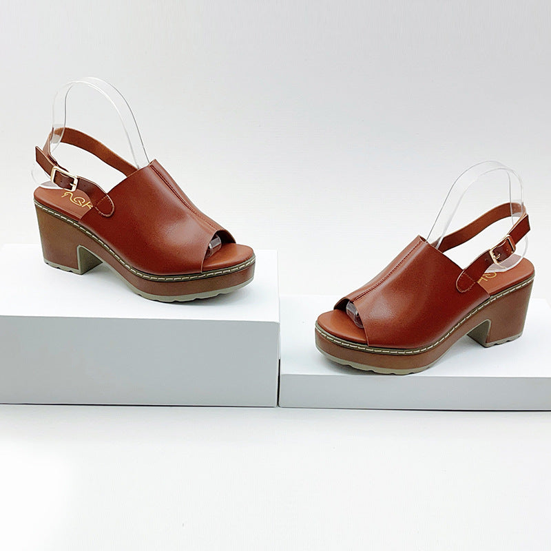 Tan Brown Leather Block Heel Slingback Sandals for Women | Peep Toe Chunky Heel Platform Sandals | Buckle Ankle Strap Mid Heel Shoes | Elegant Casual Summer Heels