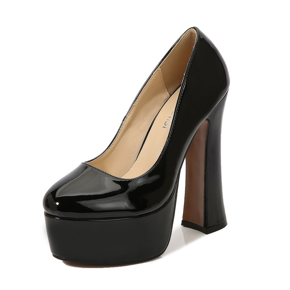 Black Patent Leather Platform Chunky Block Heel Pumps | Women's Round Toe Slip-On High Heel Shoes | Glossy Ultra High Heels
