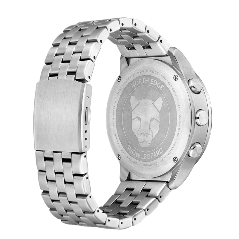 NORTH EDGE Snow Leopard Men's Watch | Compass Altimeter Barometer Ana-Digi Carbon Dial Silver Steel Bracelet 5BAR Watch