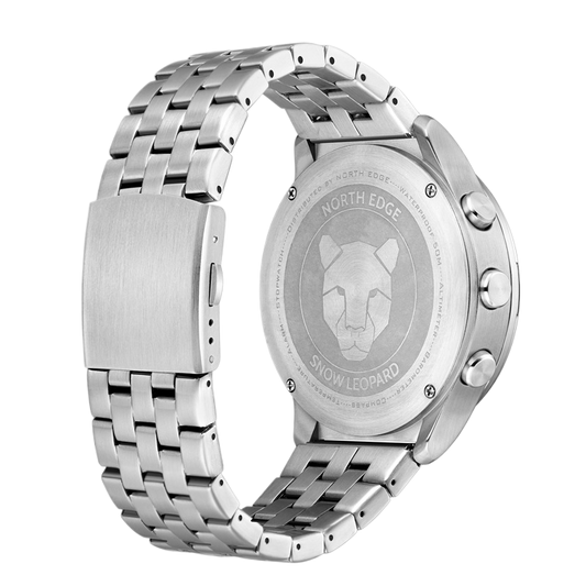 NORTH EDGE Snow Leopard Men's Watch | Compass Altimeter Barometer Ana-Digi Carbon Dial Silver Steel Bracelet 5BAR Watch