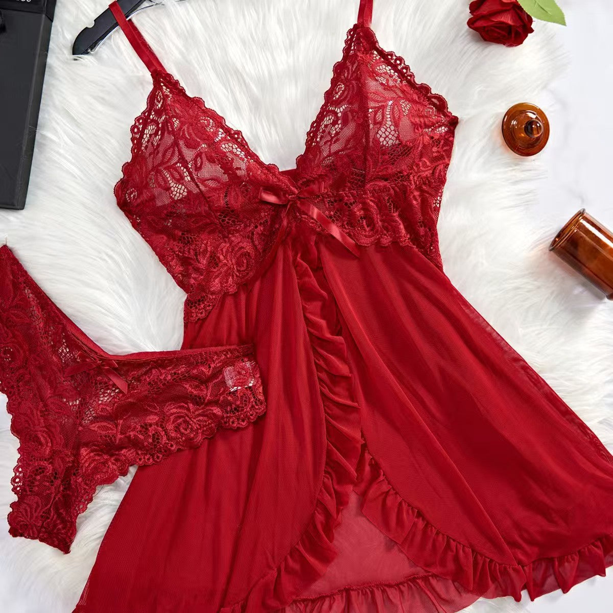 Women's Lace Babydoll Lingerie Dress Sexy Deep V Bow Front Sheer Mesh Mini Chemise Sleepwear 6 Colors