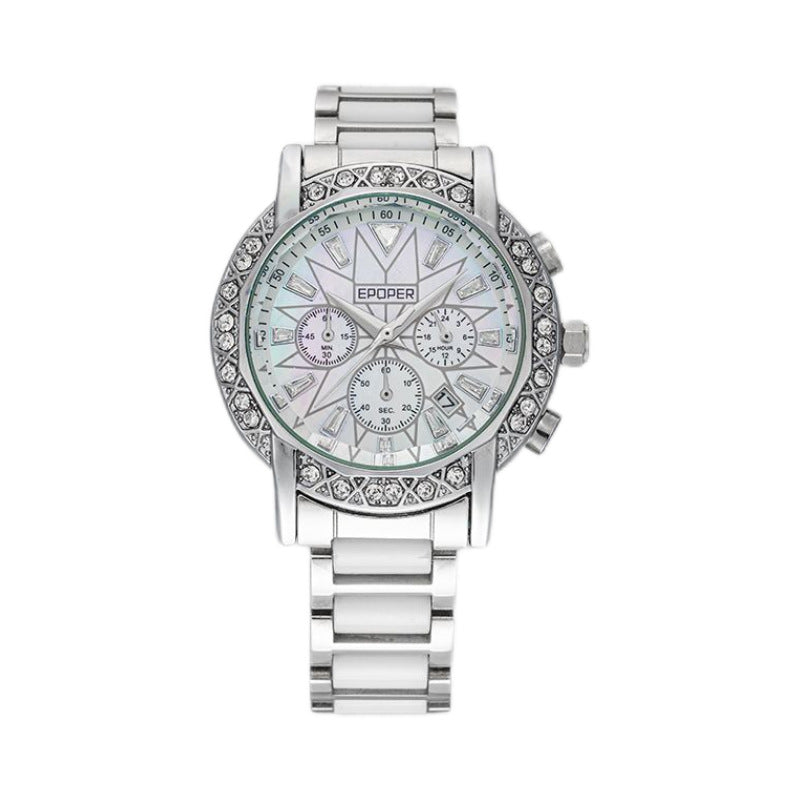 Orologio da donna EPOPER Crystal Chronograph | Orologio da polso di lusso in acciaio inossidabile argentato con lunetta in diamanti