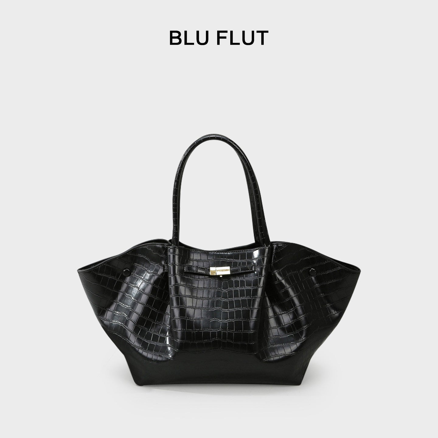 Black Leather Tote Bag with Winged Sides - Structured Trapezoid Shoulder Bag | Designer Inspired Minimalist Tote