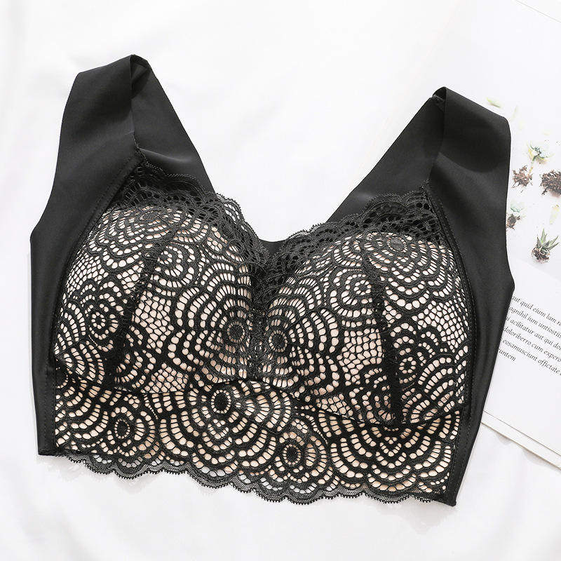 Women's Floral Lace Wireless Bra with Wide Straps and V Neckline, Seamless Comfort Bra in 7 Colors
