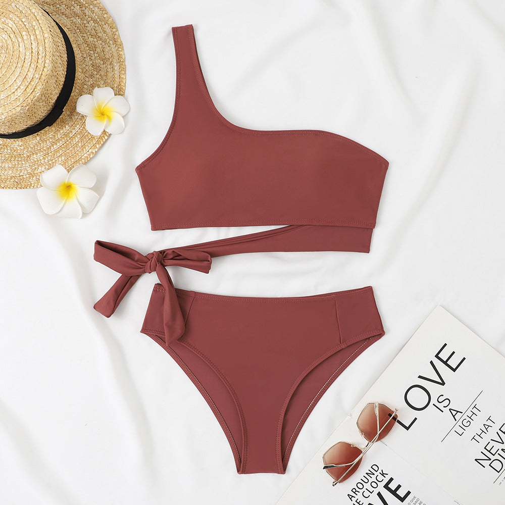 Olive Green One Shoulder Bikini Set, Wrap Tie Crop Top & High Waist Bottom, Women Solid Asymmetric Swimwear, Chic Resort Beach Swimsuit, Sage Green Two Piece Bathing Suit