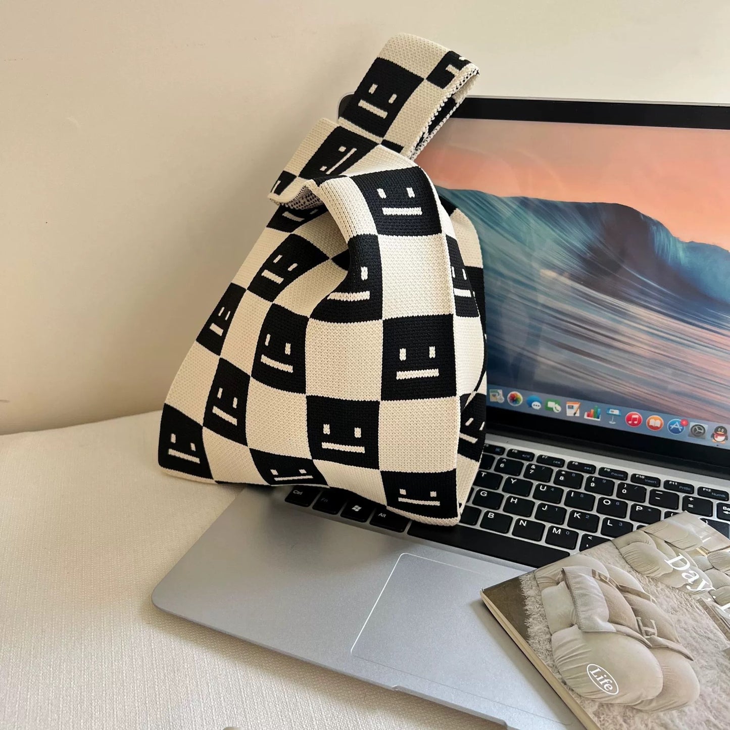 Black & White Geometric Knit Tote Bag | Aztec Pattern Wrist Handle Handbag | Boho Crochet Style Women's Bag