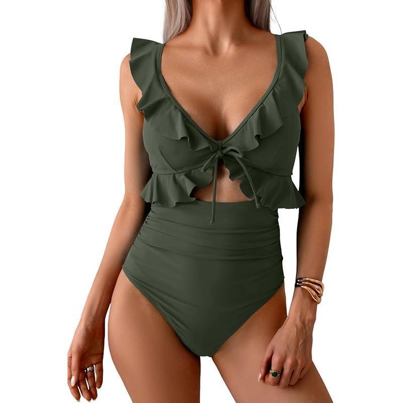 Teal Ruffle V-Neck Tie Front Cutout One Piece Swimsuit | High Waist Ruched Monokini | Women's Elegant Swimwear