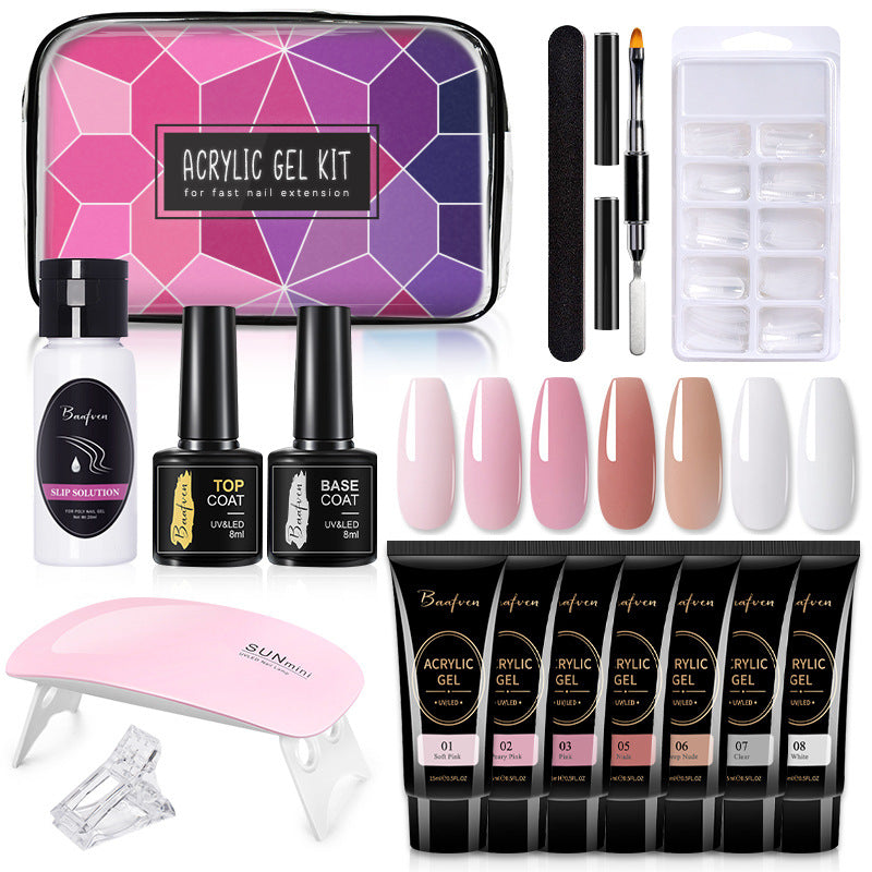 Baafven 11PCS Acrylic Gel Nail Extension Kit | Poly Gel Set with UV LED Nail Lamp, Top & Base Coat, Nail Forms & Tools
