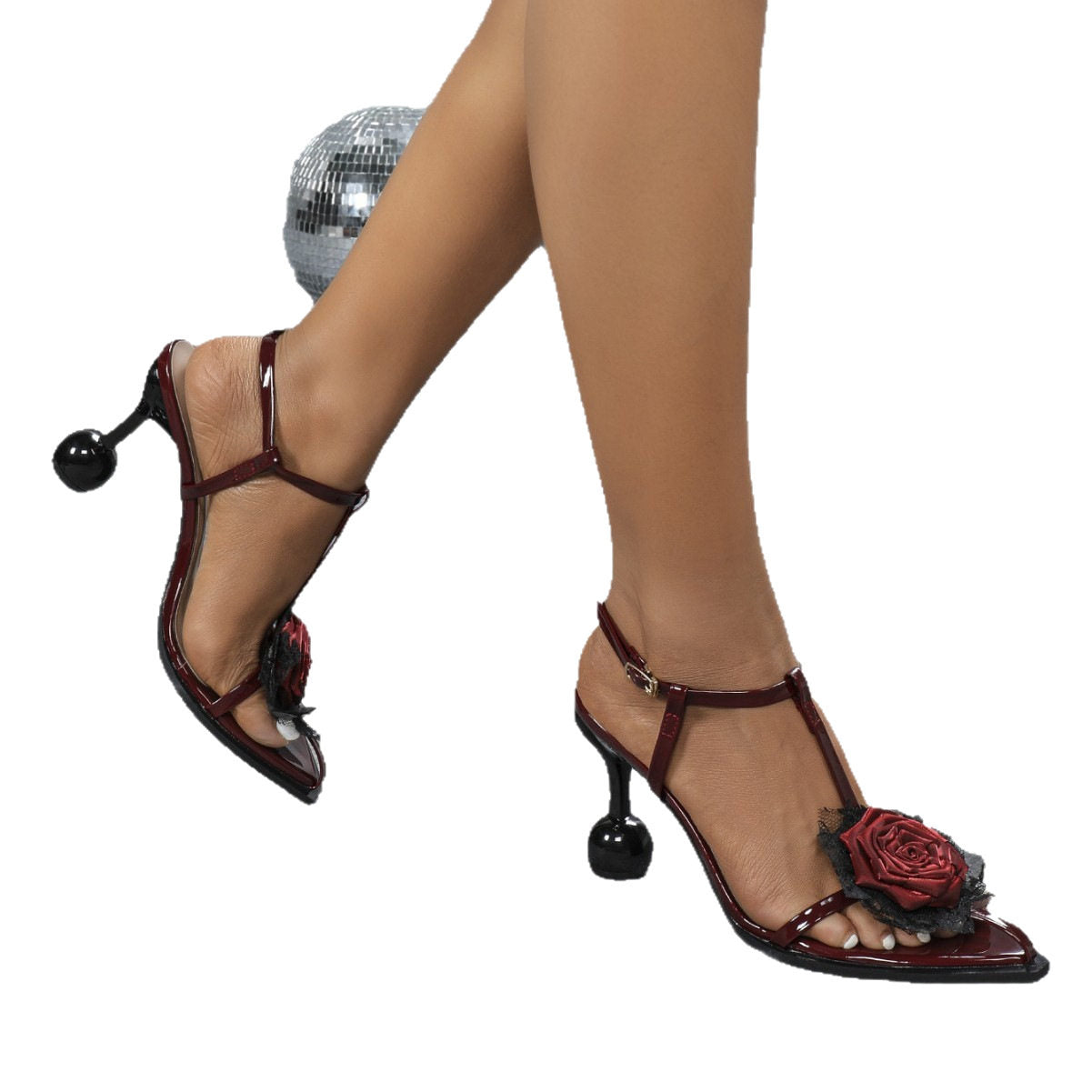 Burgundy Wine Patent 3D Rose Lace Appliqu� T-Bar Pointed Toe Sandals with Sculptural Black Orb Heel | Gothic Romantic Luxury Heels for Women