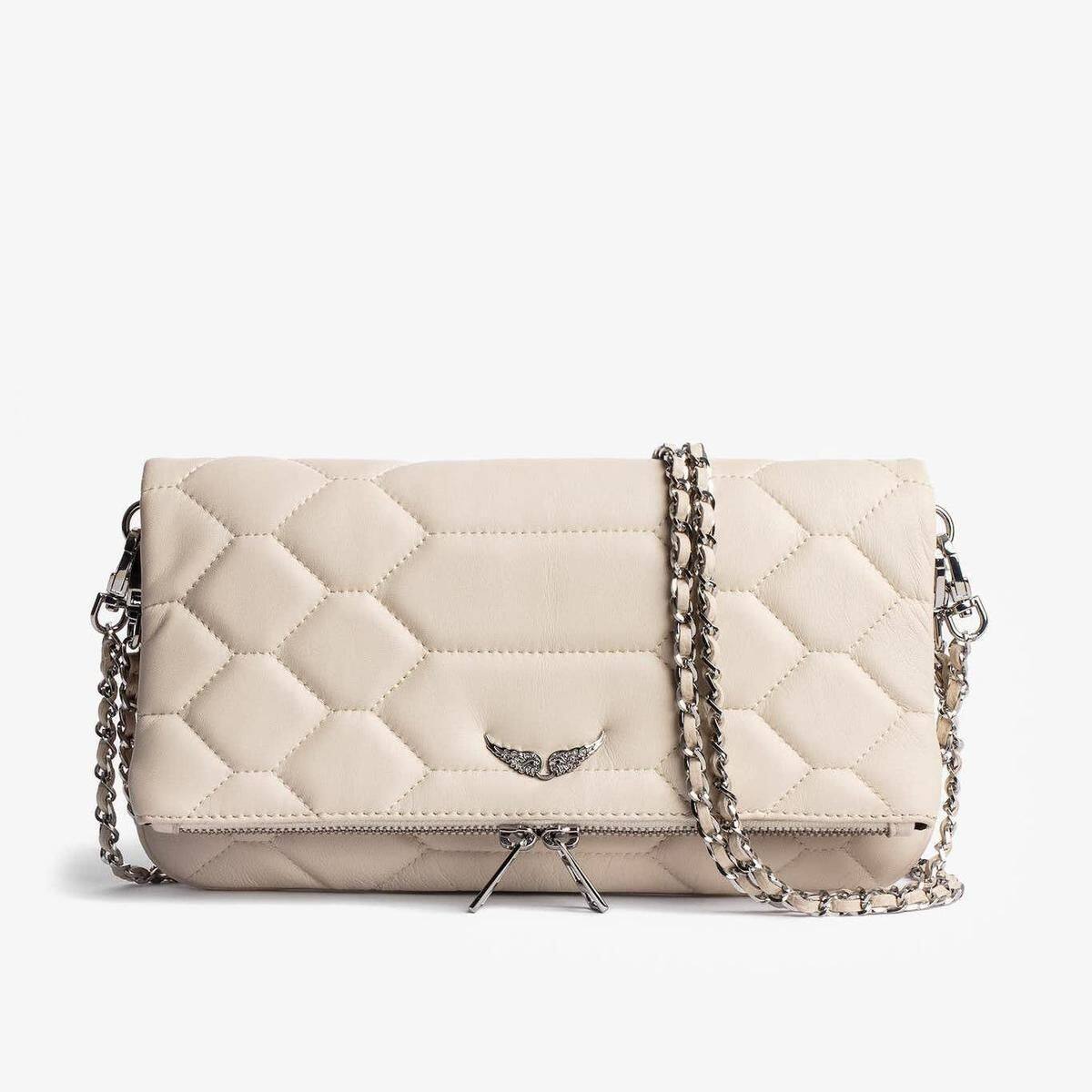 Zadig & Voltaire White Leather Crossbody Bag - Rock Nano Bag with Wings & Chain Strap | Designer Clutch with Tassel