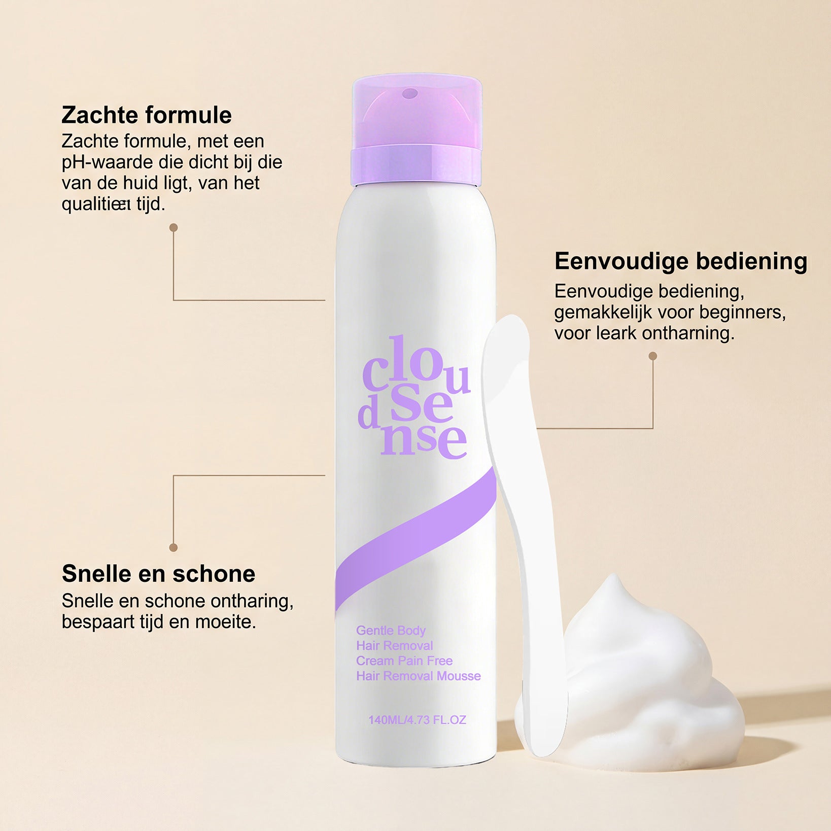 Cloudsense Gentle Body Hair Removal Mousse | Pain-Free Hair Removal Cream Spray 140ml | Smooth Skin Depilatory Foam for Women