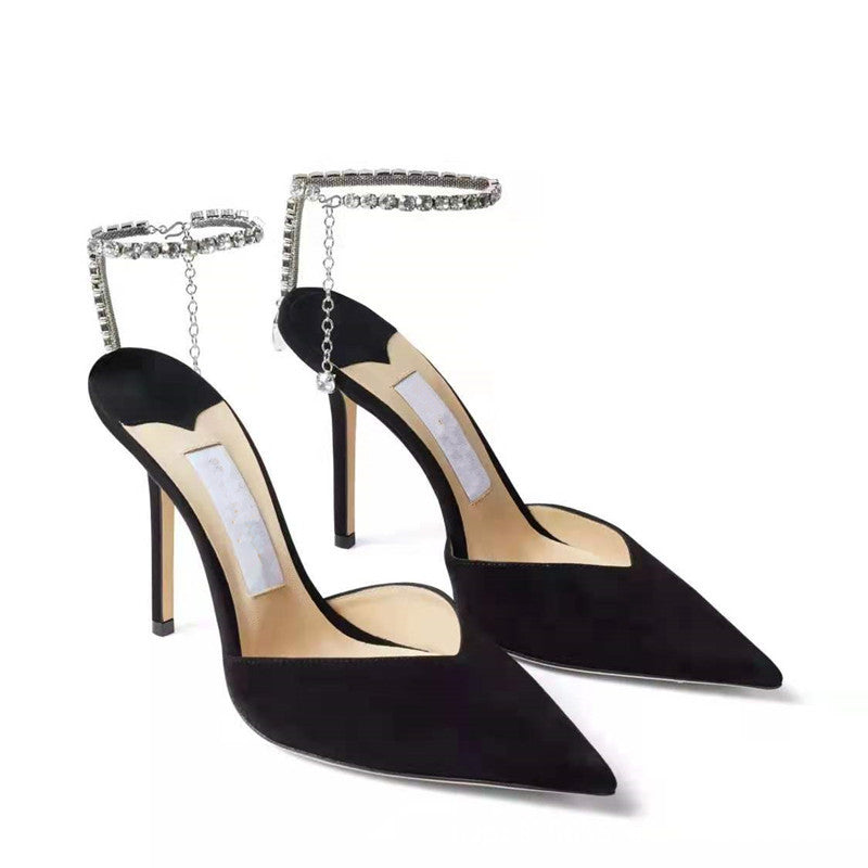 Strassbesetzte Stiletto-Pumps | Diamantketten-Knöchelriemen-Pumps mit spitzer Zehenpartie | Luxuriöse Glitzer-Hochzeitspumps für Damen 