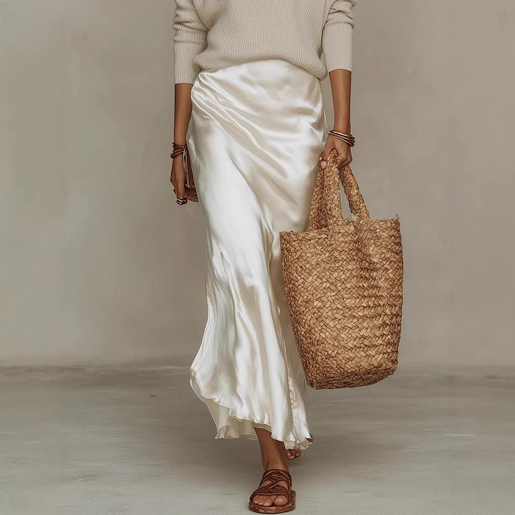 Ivory Satin Slip Maxi Skirt | Silky Bias Cut Long Skirt for Women | Elegant Party, Brunch & Everyday Wear
