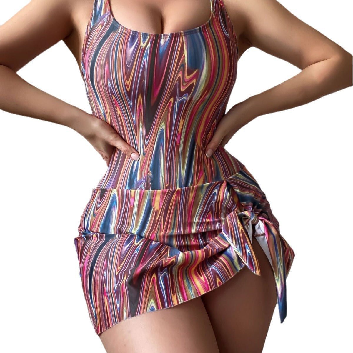 Black One-Piece Swimsuit with Wrap Skirt | Scoop Neck Tie Side Swim Dress | Tummy Control Beach Swimwear for Women