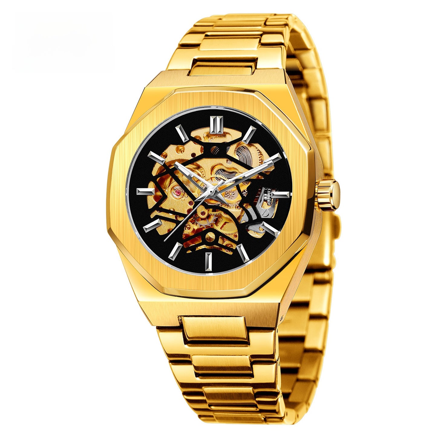 Men's Black Skeleton Automatic Watch | Gold Movement Octagonal Steel Bracelet Mechanical Watch