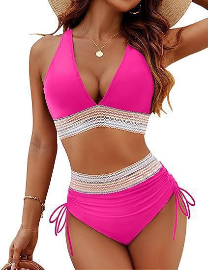 Black Chevron Crochet Panel Halter Bikini Set | Deep V Top & High Waist Drawstring Ruched Bottoms | Boho Tummy Control Two Piece Swimsuit Women