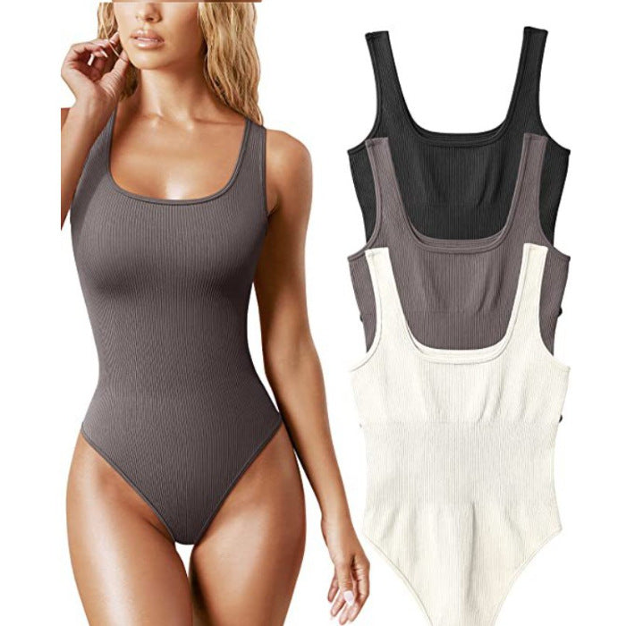 Ribbed Thong Bodysuit for Women | Scoop Neck Sleeveless Fitted Body Suit | 8 Colors Seamless Stretch Tank Bodysuit