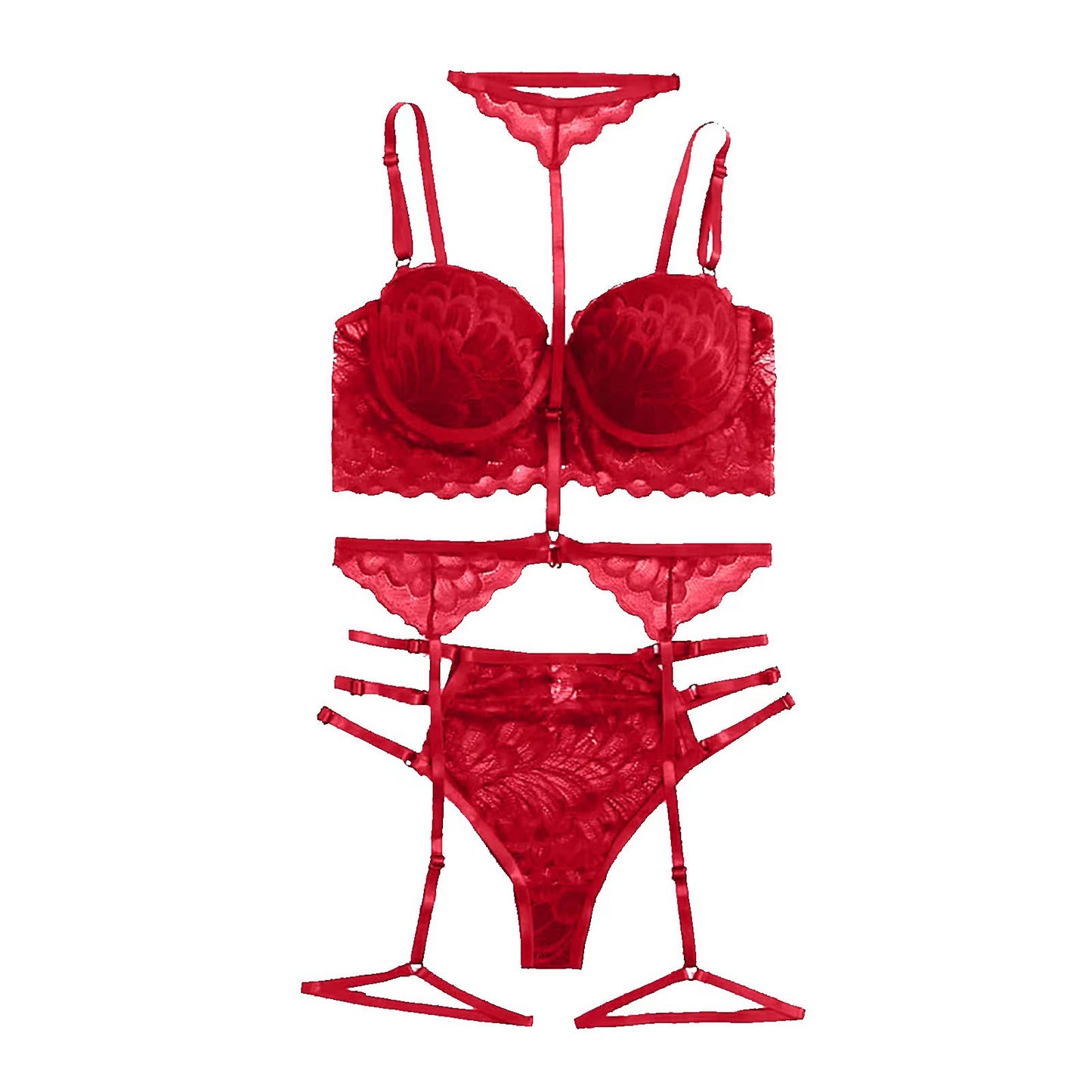 Women's Black Feather Lace 4 Piece Strappy Harness Lingerie Set Sexy Push Up Bra High Waist Panty Garter Belt and Leg Band Set
