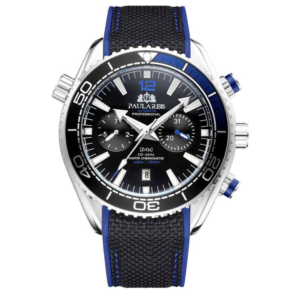 Paulareis Automatic Professional Diver Chronograph Watch | ZrO2 Co-Axial Master Chronometer 600m | Black & Orange Rubber Strap Men's Watch