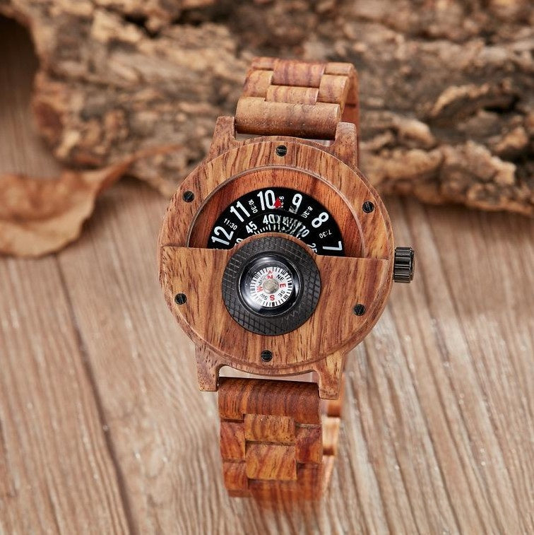 Mens Wooden Watch with Built In Compass Unique Turntable Dial Natural Wood Bracelet Quartz Wristwatch Handcrafted Gift for Men
