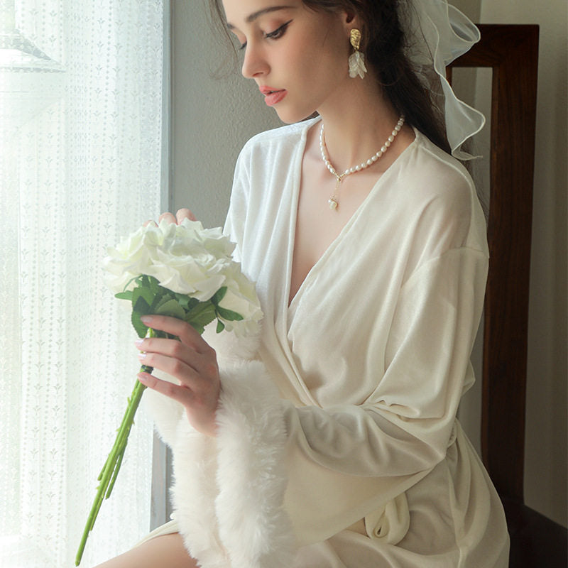 Burgundy Velvet Bridal Robe with Faux Fur Cuffs | Luxury Wedding Getting Ready Robe for Women ? Belted V-Neck Loungewear