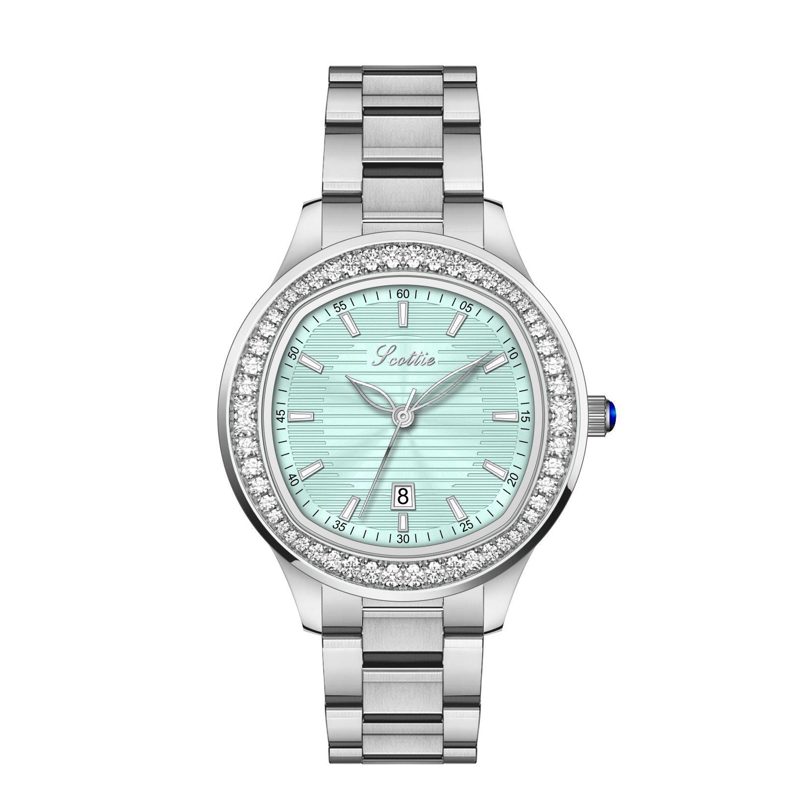 Scottie Crystal Bezel Watch Women | Silver Textured Dial | Black Crocodile Leather Strap | Date Display Elegant Dress Watch