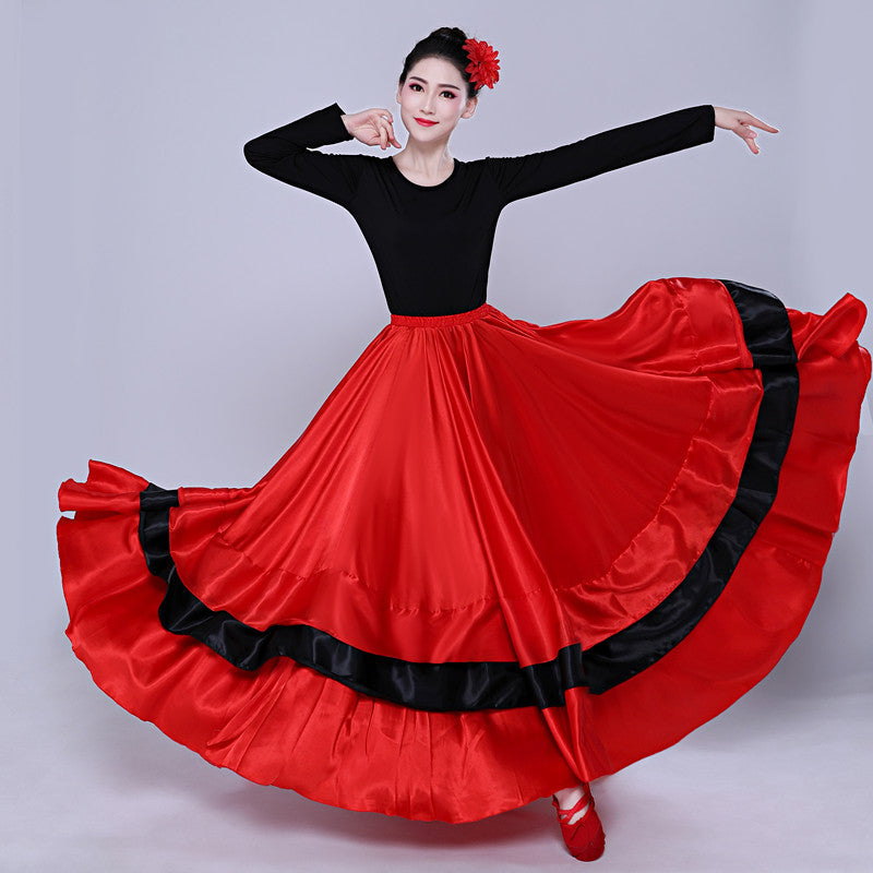 Flamenco Dance Skirt | Spanish Ballroom Swing Skirt | Red & Black Satin Ruffle Maxi Skirt | Performance Costume for Women