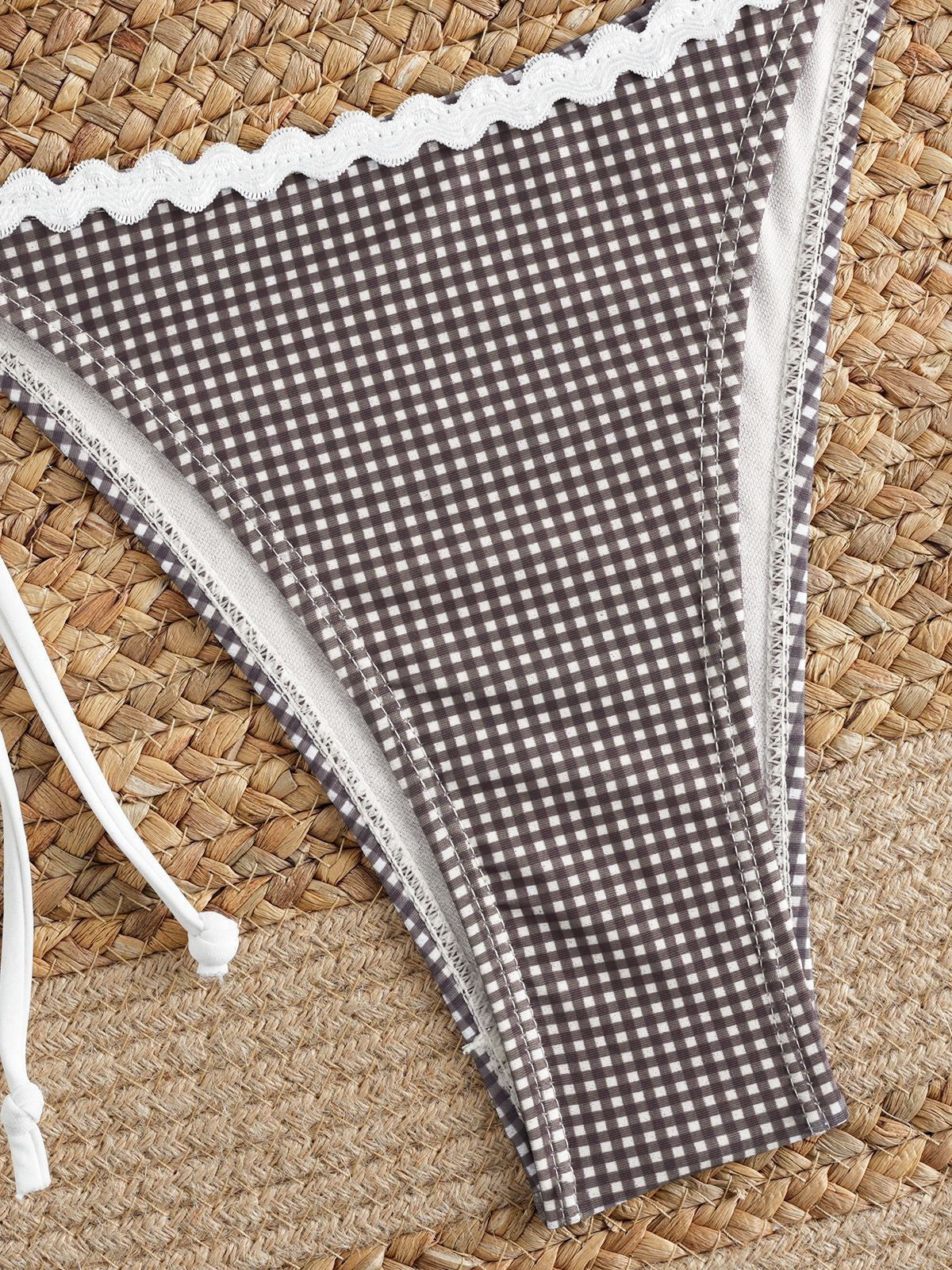 Brown Polka Dot Bikini Set White Scallop Lace Trim | Triangle Halter Top Tie Side Thong Swimsuit | Women's Retro Swimwear