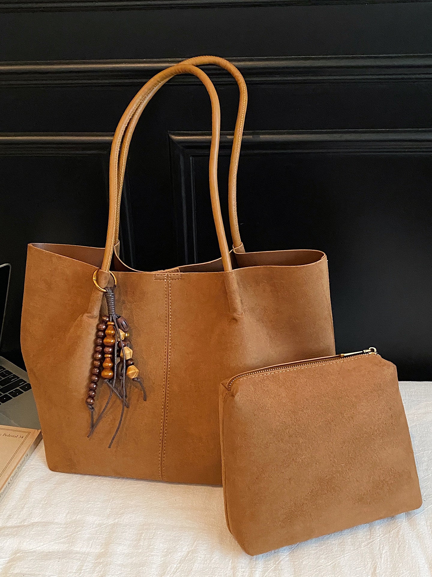 Olive Green Suede Tote Bag with Wooden Bead Charm | Large Shoulder Bag