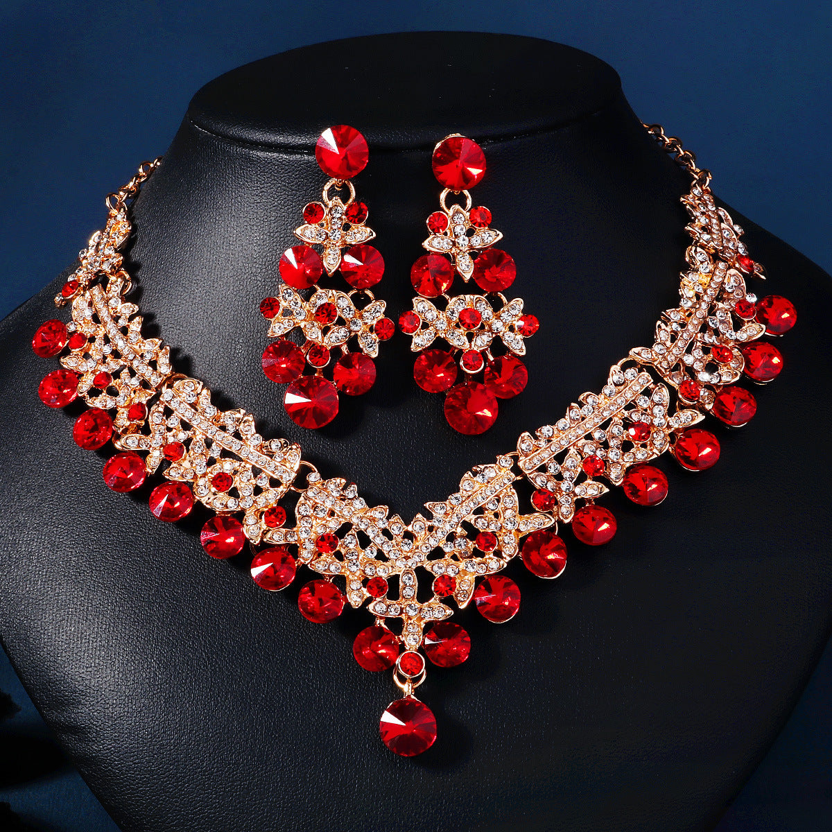 3 Piece Red Crystal Bridal Jewelry Set | Gold Crown Tiara Necklace & Earrings | Queen Wedding Pageant Party Jewelry Set