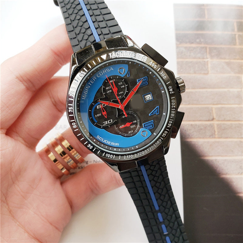 Men's Scuderia Racing Chronograph Watch | 166 Inter Corsa Tachymeter Black Yellow Carbon Dial | Red Hands Date Rubber Strap Sport Timepiece