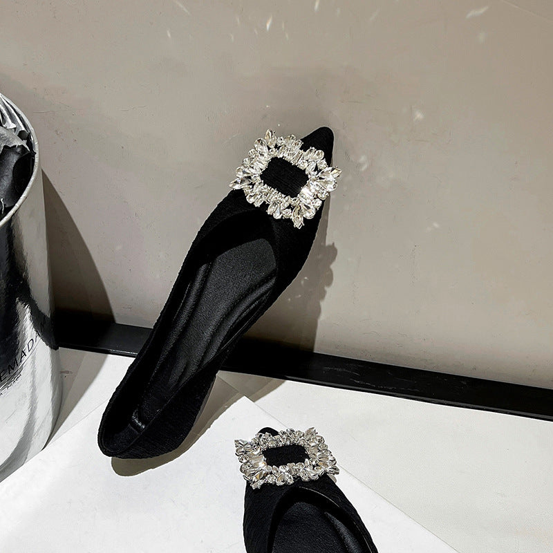 Black Suede Pointed Toe Crystal Brooch Flat Pumps | Rhinestone Square Buckle Embellished Slip-On Ballet Flats for Women
