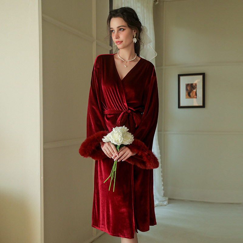 Burgundy Velvet Bridal Robe with Faux Fur Cuffs | Luxury Wedding Getting Ready Robe for Women ? Belted V-Neck Loungewear