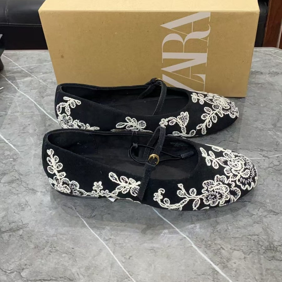 Zara Black Floral Embroidered Mary Jane Ballet Flats | White Lace Flower Strap Flat Shoes for Women