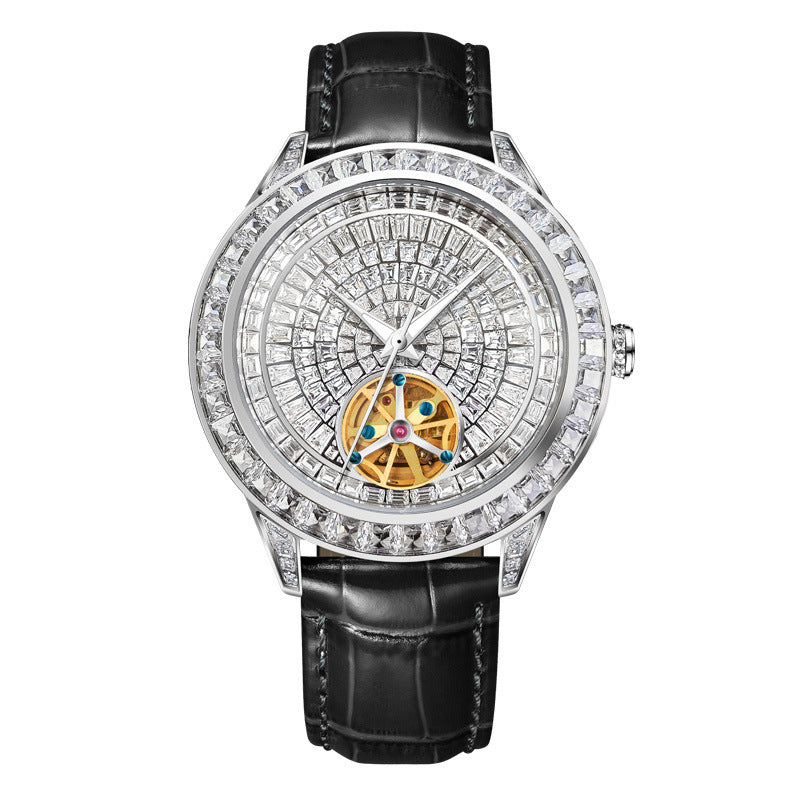 Black Tourbillon Automatic Mechanical Watch Crystal Bezel 3D Textured Dial Black Leather Strap | Men Luxury Skeleton Gold Movement Dress Wrist Watch