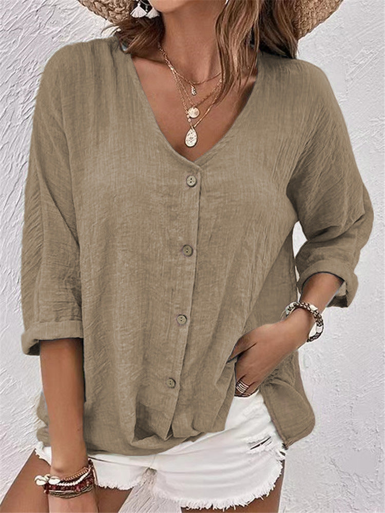Camicia da donna in lino e cotone color cachi con bottoni | Top casual scollo a V a maniche a 3/4 | Camicia estiva boho