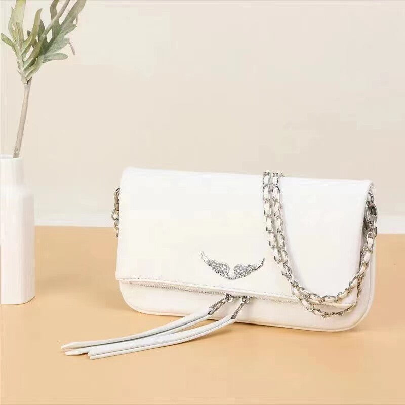 Zadig & Voltaire White Leather Crossbody Bag - Rock Nano Bag with Wings & Chain Strap | Designer Clutch with Tassel