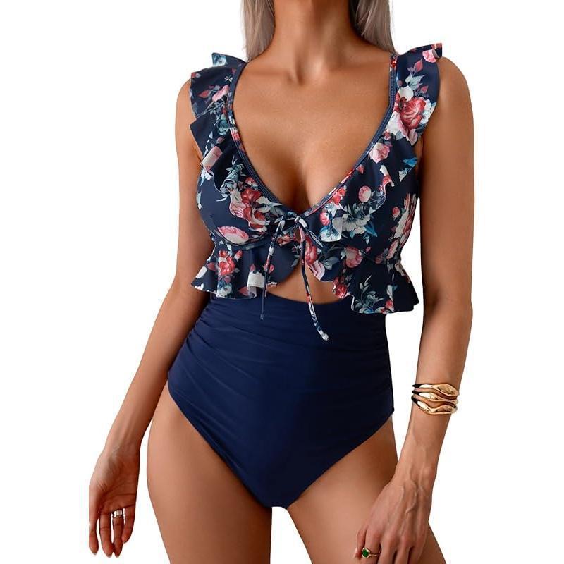 Teal Ruffle V-Neck Tie Front Cutout One Piece Swimsuit | High Waist Ruched Monokini | Women's Elegant Swimwear