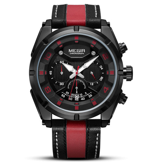 MEGIR Chronograph Watch Men | Black Dial Red Leather Strap | Military Sport Quartz Watch | Sub-Dial Date Display