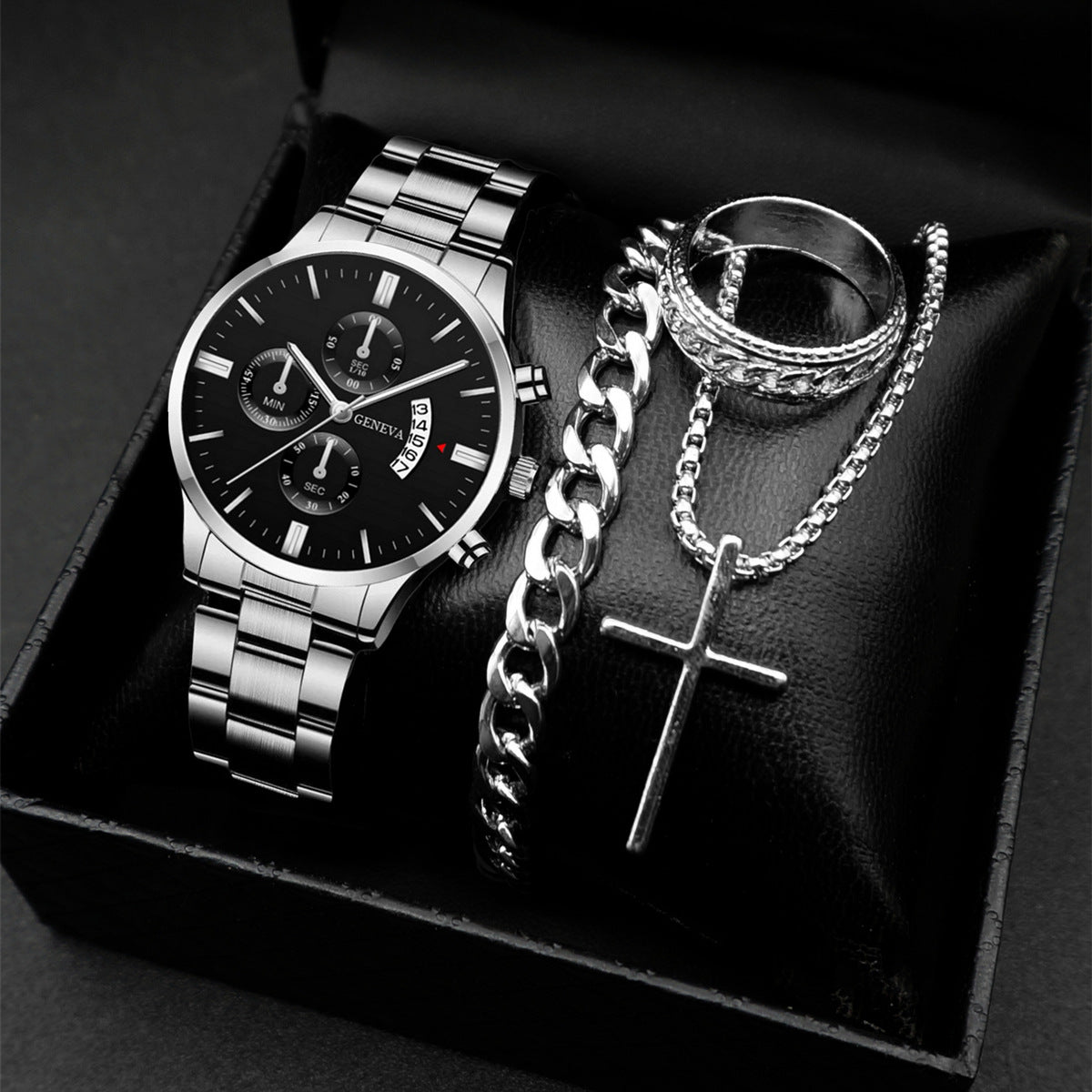 Geneva Men's 3-Piece Black Gift Set | Chronograph Watch + Cuban Link Bracelet + Cross Necklace Luxury Jewelry Box