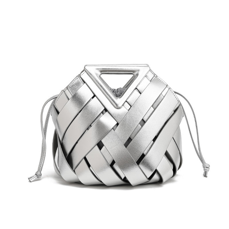 Gold Metallic Woven Basket Bag with Triangle Handle | Luxury Statement Handbag