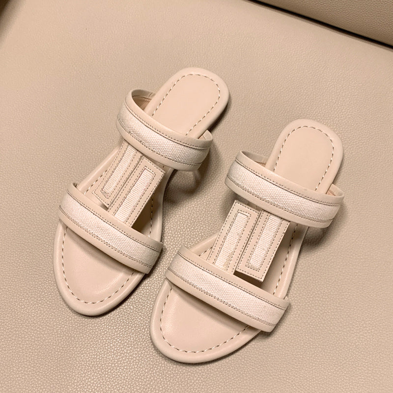 an Brown & White Canvas H-Strap Flat Sandals | Leather Trim Two-Tone Slip-On Mule Sandals for Women