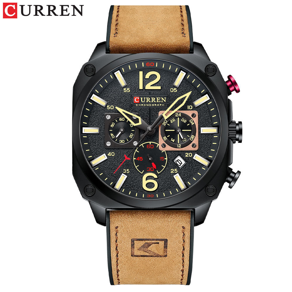 Curren Men's Chronograph Watch- Black Square Dial Leather Strap Quartz Watch with Date & Luminous Hands | Military Sport Style