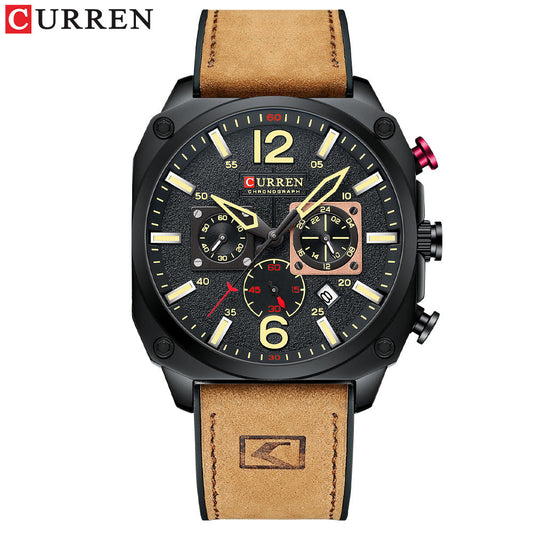 Curren Men's Chronograph Watch- Black Square Dial Leather Strap Quartz Watch with Date & Luminous Hands | Military Sport Style