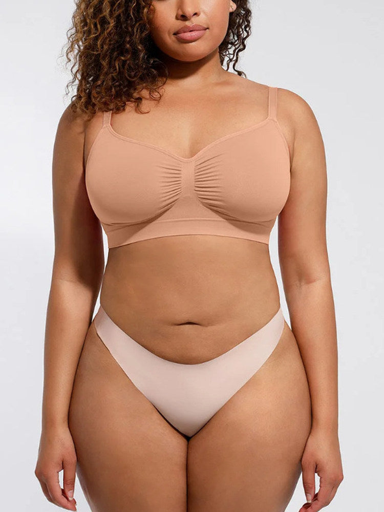 Women's Black Seamless Wireless Bra with Ruched Front Detail, Thin Adjustable Straps and V Neckline for Plus Size